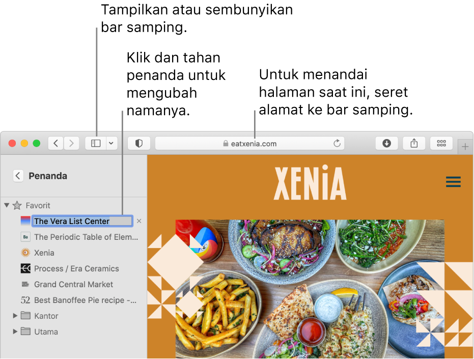 Jendela Safari menampilkan penanda di bar samping; satu penanda dipilih untuk pengeditan.