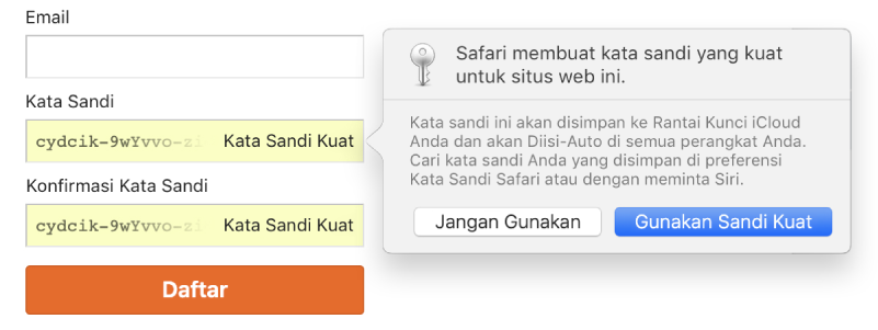 Halaman daftar akun, menampilkan kata sandi yang dibuat secara otomatis dan pilihan untuk menolak atau menggunakannya.