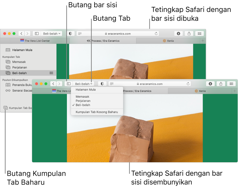 Kumpulan Tab dalam dua tetingkap Safari. Satu tetingkap menunjukkan Kumpulan Tab dalam senarai di bawah anak panah bawah bersebelahan butang bar sisi dalam bar alat. Tetingkap lain menunjukkan Kumpulan Tab yang sama dalam bar sisi.