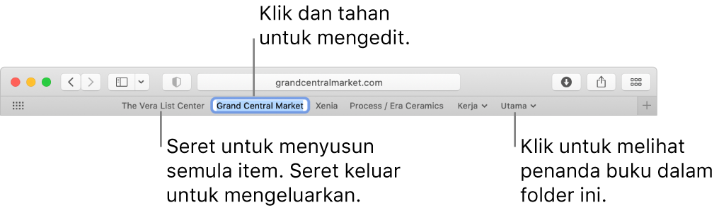 Bar Kegemaran dengan beberapa penanda buku dan folder penanda buku dalamnya. Untuk mengedit penanda buku atau folder dalam bar, klik dan tahannya. Untuk menyusun semula item dalam bar, seret item. Untuk mengalih keluar item, seretkannya jauh dari bar.