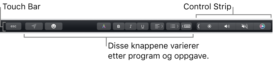 Touch Bar langs toppen av tastaturet, som viser minimert Control Strip til høyre og knapper som varierer avhengig av program eller oppgave.