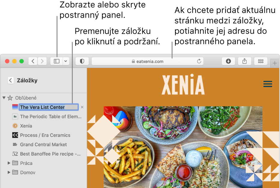 Okno Safari zobrazujúce záložky v postrannom paneli. Jedna záložka je vybraná na úpravu.