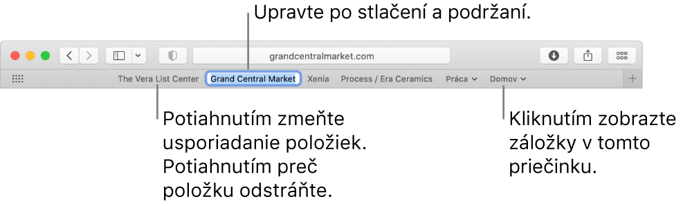 Lišta Obľúbené s priečinkom záložiek. Kliknutím a podržaním záložky alebo priečinka v lište ich môžete upraviť. Ak chcete zmeniť usporiadanie položiek v lište, potiahnite ich. Ak chcete položku odstrániť, potiahnite ju mimo lišty.