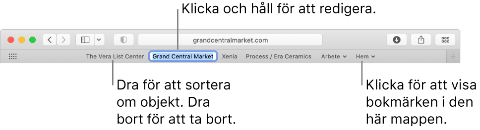 Favoritfältet med flera bokmärken och en bokmärkesmapp. Redigera ett bokmärke eller en mapp i fältet genom att klicka och hålla. Flytta objekten i fältet genom att dra dem. Ta bort ett objekt genom att dra ut det från fältet.