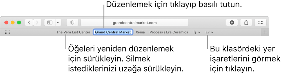 Yer işaretleri klasörünü içeren Favoriler çubuğu. Çubuktaki bir yer işaretini veya klasörü düzenlemek için tıklayıp basılı tutun. Çubuktaki öğeleri yeniden düzenlemek için sürükleyin. Bir öğeyi silmek için çubuktan uzağa sürükleyin.