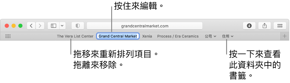 「喜好項目」列包括一些書籤和書籤資料夾。如要編輯喜好項目列中的書籤或資料夾，請按住它。如要重新排列喜好項目列中的項目，請拖移它們。如要移除項目，請將其從喜好項目列中拖出。