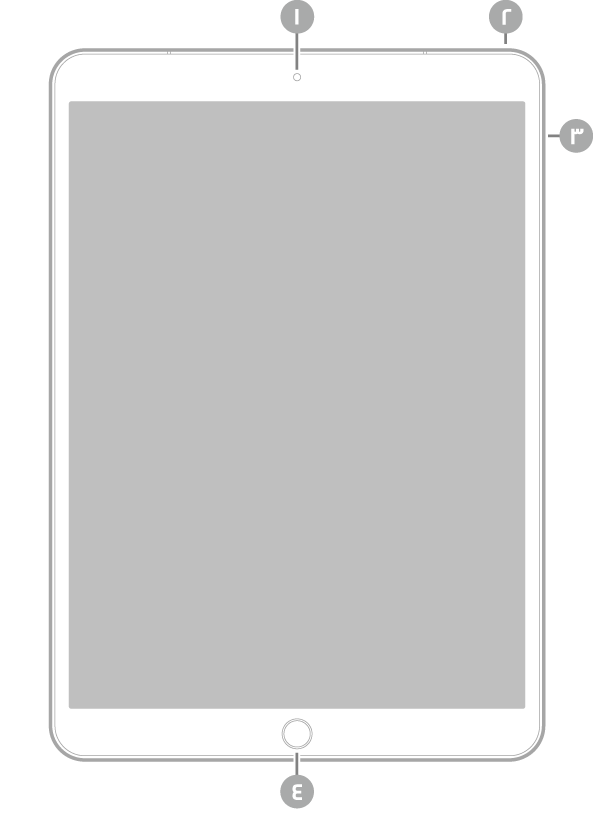 عرض للجزء الأمامي من iPad Air مع وسائل شرح للكاميرا الأمامية في أعلى المنتصف، والزر العلوي في أعلى اليمين، وزرا مستوى الصوت على اليمين، وزر الشاشة الرئيسية/Touch ID في أسفل المنتصف.