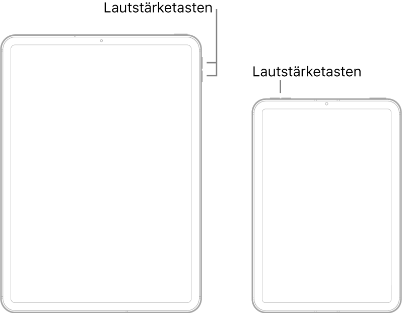 Zwei unterschiedliche iPad-Modelle sind von vorne zu sehen. Bei dem linken Modell sind die Lautstärketasten an der Seite oben rechts und die obere Taste ist oben rechts. Bei dem rechten Modell sind die Lautstärketasten an der Seite oben links und die obere Taste bzw. Touch ID ist oben rechts.