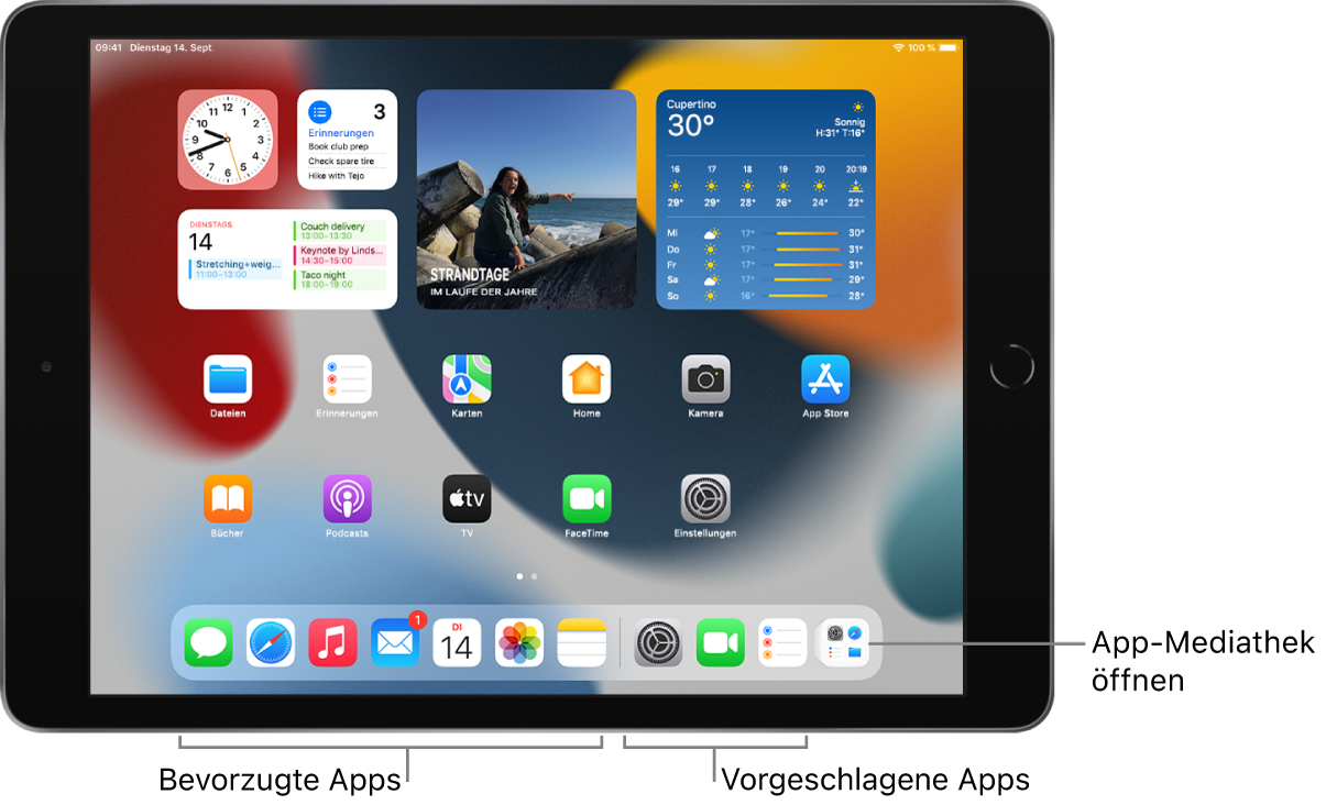 Das Dock mit sieben bevorzugten Apps auf der linken Seite und drei vorgeschlagenen Apps auf der rechten Seite. Mit dem ganz rechts befindlichen Symbol im Dock wird die App-Mediathek geöffnet.