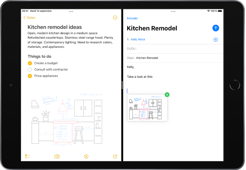 La fonctionnalité Split View avec l’app Notes ouverte sur la gauche et un e-mail ouvert sur la droite. Une photo est déplacée depuis Notes vers l’e-mail.