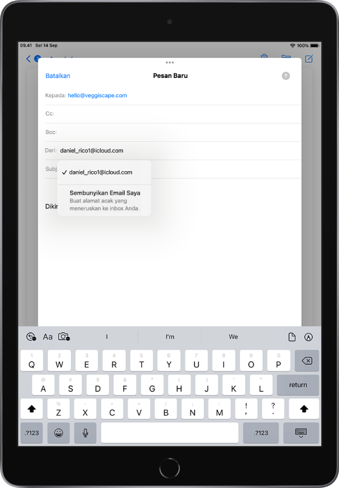 Email draf sedang ditulis. Bidang Dari dipilih dengan dua pilihan tercantum di bawahnya—alamat email pribadi dan Sembunyikan Email Saya.