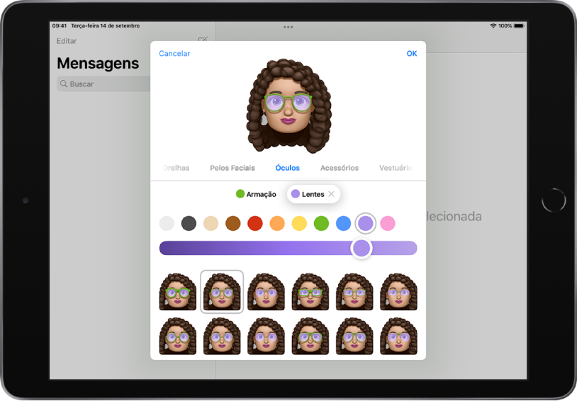 Tela de criação de Memoji no app Mensagens, onde você pode escolher óculos.