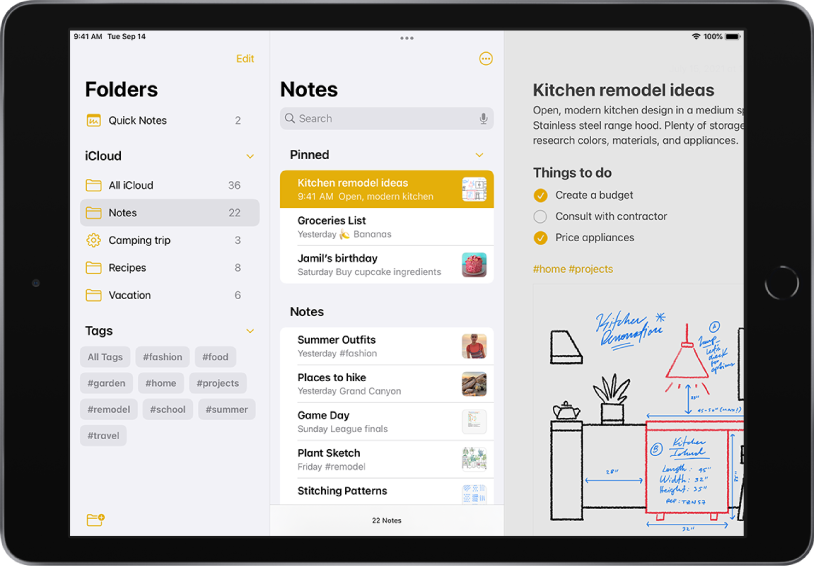 iPad v ležeči orientaciji pri odprti aplikaciji Notes. Na levi strani zaslona od zgoraj navzdol so: Folders, iCloud in Tags. Iskalno polje je v zgornjem središču zaslona, nato pa Pripeto in Opombe. Opomba je odprta na desni strani zaslona.