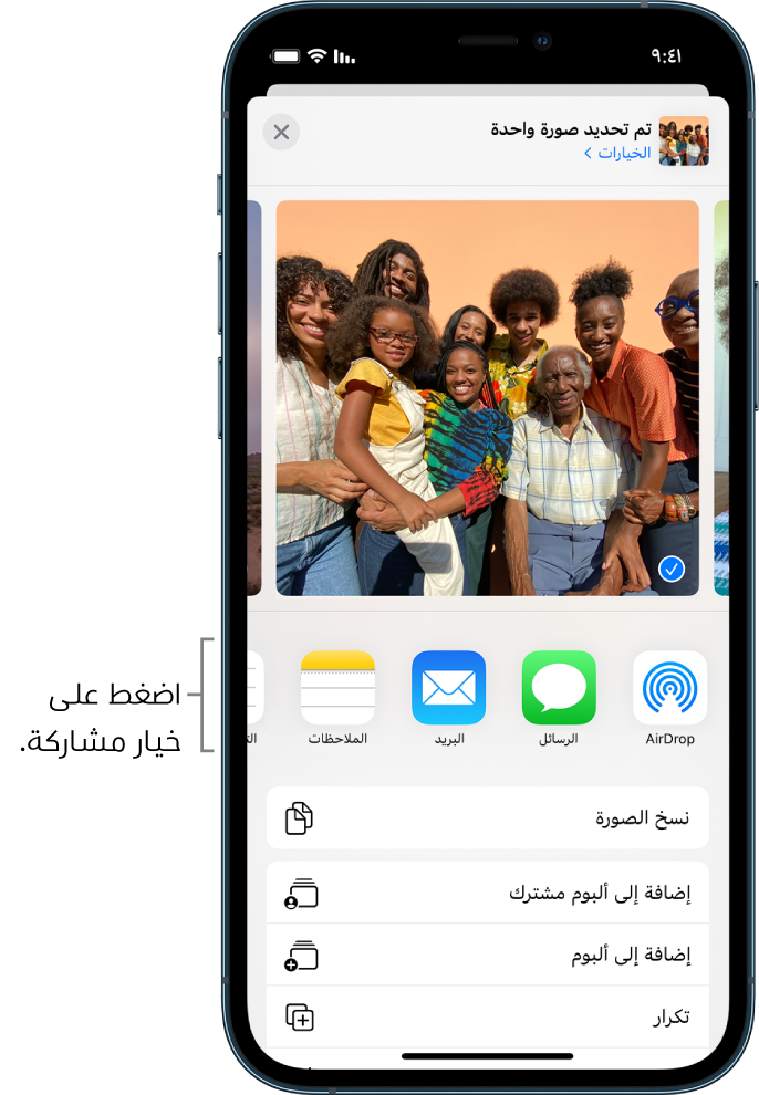 شاشة المشاركة وبها صور بامتداد الجزء العلوي؛ توجد صورتان محددتان، مميزتان بعلامة اختيار بيضاء في دائرة زرقاء. الصف الموجود أسفل الصور يوضح الأصدقاء الذين يمكن المشاركة معهم باستخدام AirDrop. يوجد أسفل ذلك خيارات مشاركة أخرى، بما في ذلك، من اليمين إلى اليسار، الرسائل والبريد والألبومات المشتركة وإضافة إلى الملاحظات. في الصف السفلي توجد أزرار نسخ ونسخ رابط iCloud وعرض الشرائح وAirPlay وإضافة إلى الألبوم.