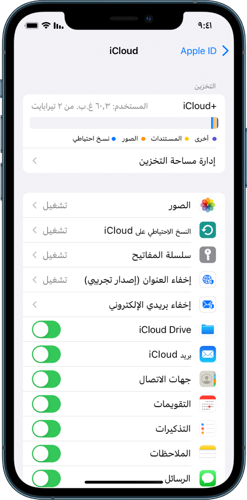 شاشة إعدادات iCloud ويظهر بها مقياس مساحة تخزين iCloud وقائمة من التطبيقات والميزات، مثل البريد وجهات الاتصال والرسائل، والتي يمكن استخدامها مع iCloud.