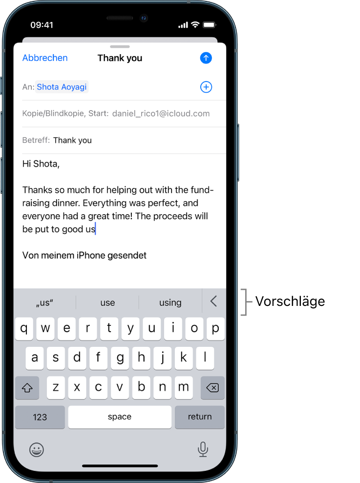 Der Entwurf einer E-Mail-Nachricht mit Vorschlägen zur Vervollständigung des aktuell eingetippten Worts.