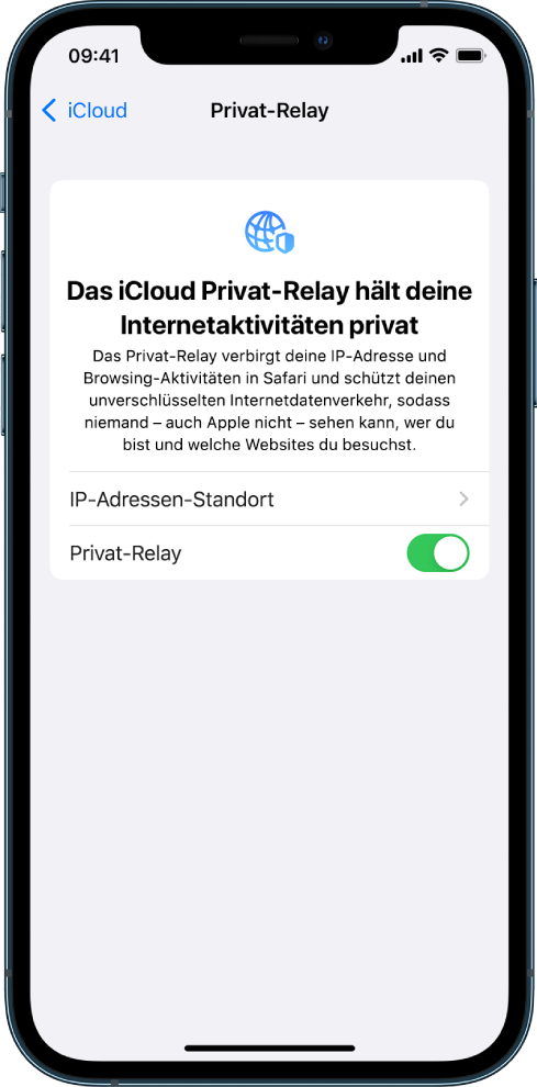 Der Bildschirm „Einstellungen“ zum Aktivieren oder Deaktivieren der Funktion „Privat-Relay“.