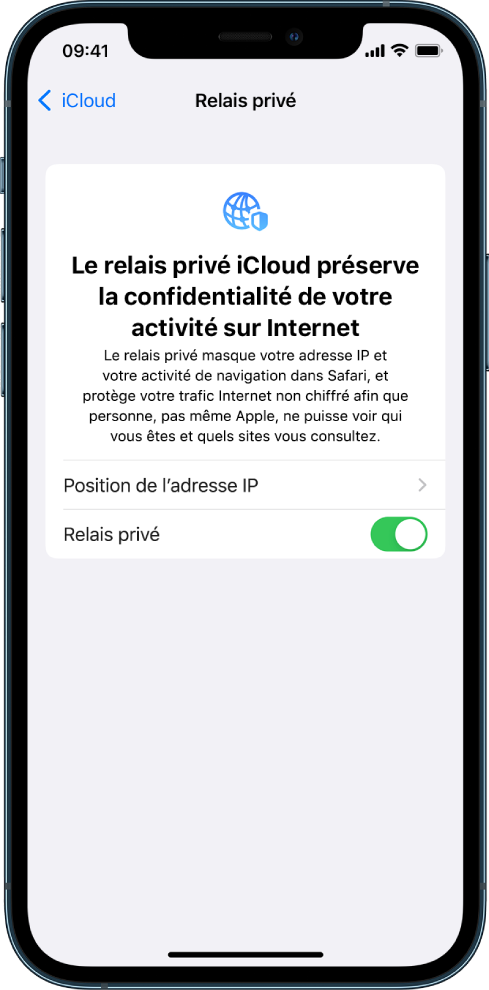 L’écran Réglages permettant d’activer ou de désactiver « Relais privé ».