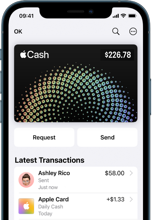 La carte Apple Cash dans Cartes affichant le bouton Plus en haut à droite, les boutons Demander et Envoyer au milieu, et les dernières transactions sous la carte.