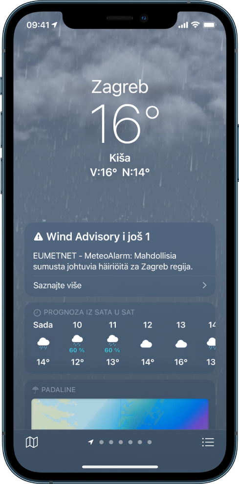 Zaslon Vrijeme prikazuje lokaciju pri vrhu, trenutačnu temperaturu i vremenske uvjete, što je u ovom slučaju kiša. Ispod je grafikon koji prikazuje razinu padalina za sljedećih sat vremena u koracima po 10 minuta. Ispod je prognoza iz sata u sat i karta padalina. U donjem desnom kutu nalazi se tipka Popis lokacija, a u donjem lijevom kutu tipka Prikaži kartu.
