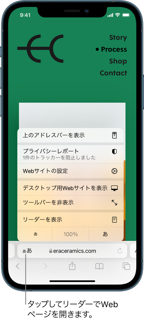 「ページ設定」メニュー。メニューの下部には「リーダーを表示」オプションがあります。