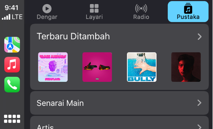 Skrin CarPlay menunjukkan kumpulan lagu terbaru ditambah.