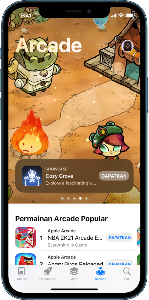 Skrin Arcade dalam App Store menunjukkan permainan di bahagian atas dan Permainan Popular Arcade di bahagian tengah. Di sepanjang bahagian bawah, dari kiri ke kanan, terdapat tab Hari Ini, Permainan, App, Arcade dan Cari.