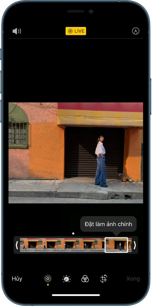 Màn hình Live Photo với Live Photo ở giữa. Nút Trực tiếp ở trên cùng ở giữa và nút Âm thanh ở trên cùng bên trái. Bên dưới ảnh là trình xem khung hình với nút Đặt làm ảnh chính đang hoạt động. Trên một trong hai đầu của trình xem khung hình là hai mũi tên cho phép bạn cắt bớt Live Photo.