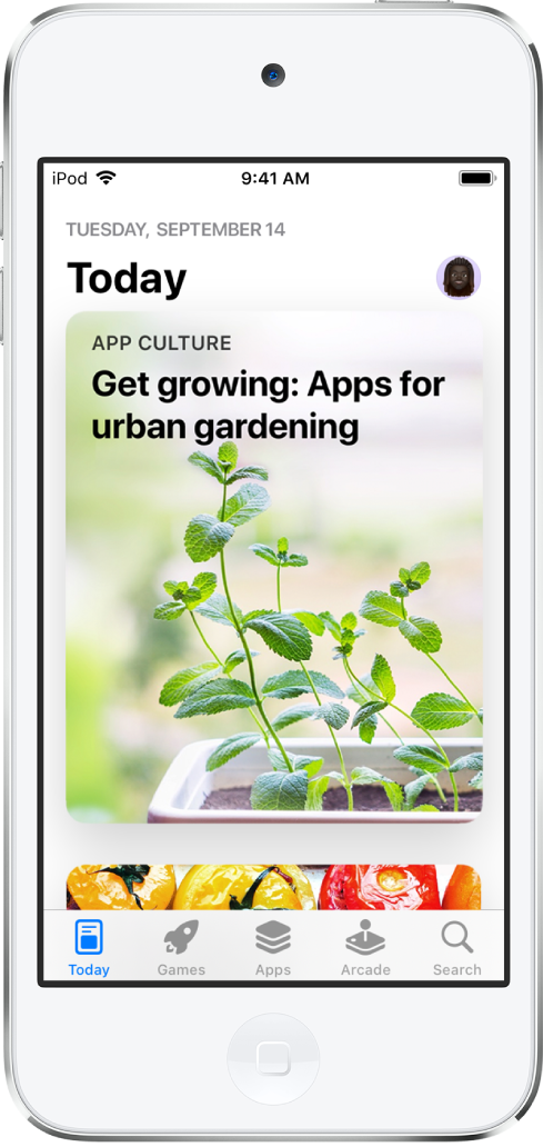 شاشة Today في تطبيق App Store تعرض مقالة مميزة وتطبيق. صورة ملفك الشخصي في أعلى اليسار. تظهر على طول الجزء السفلي، من اليمين إلى اليسار، علامات التبويب Today و Games و Apps و Arcade و Search.