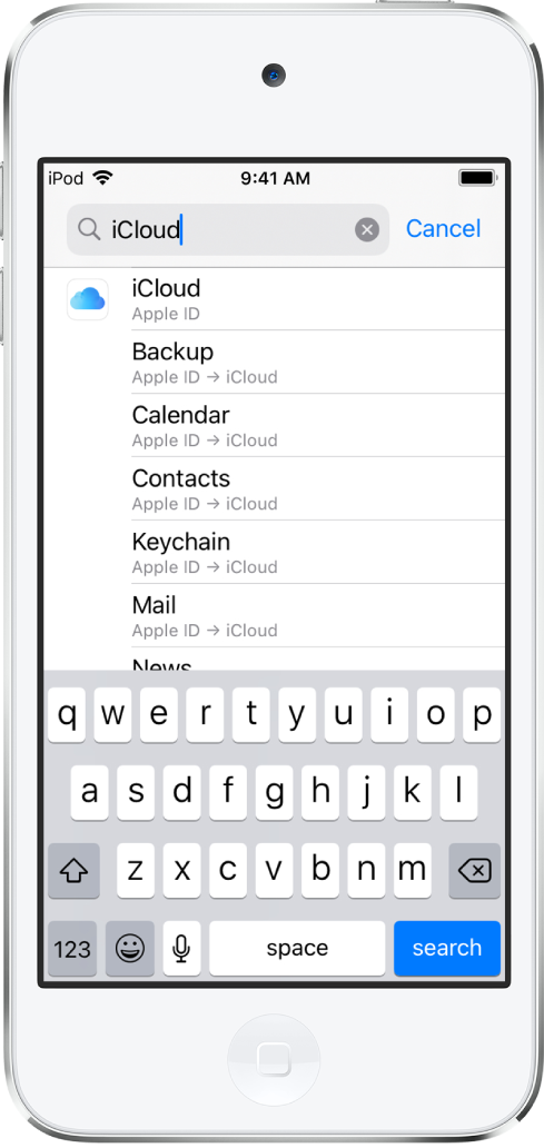 شاشة إعدادات البحث، ويظهر في أعلاها حقل البحث. مصطلح البحث "iCloud" ظاهر في حقل البحث، وتحته إعدادات البحث موجودة في القائمة.