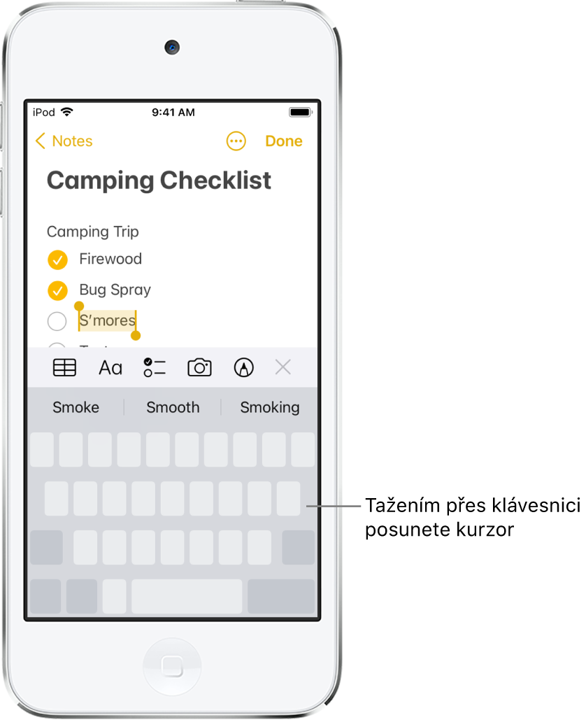 Úprava poznámky po přepnutí klávesnice na trackpad. Klávesnice je zobrazena ztlumeně, což znamená, že nyní slouží jako trackpad