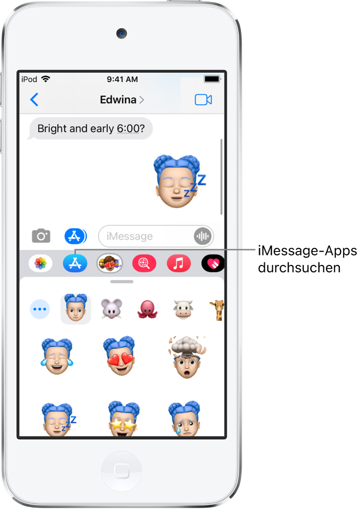 Eine Konversation in der App „Nachrichten“ mit der ausgewählten Taste „App-Übersicht“ bei Verwendung von iMessage. In der geöffneten Übersicht sind Smiley-Sticker zu sehen.