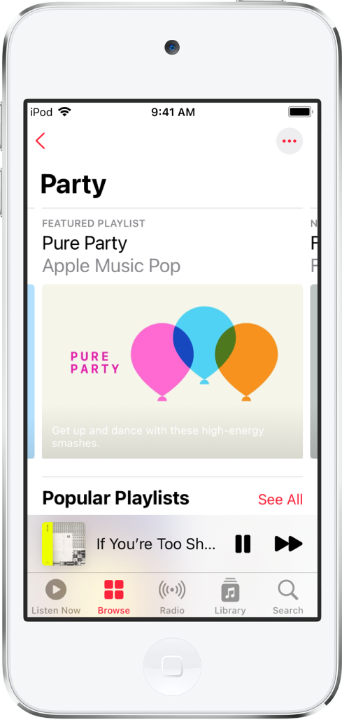 Der Bildschirm „Entdecken“ von Apple Music mit Party-Playlists.