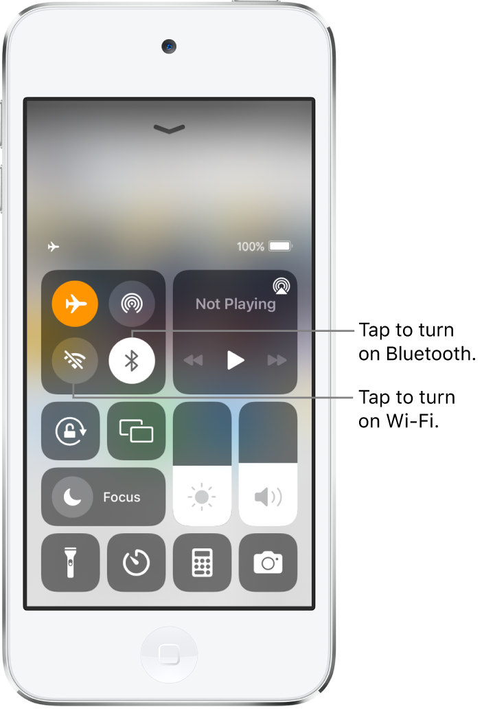 Control Center with airplane mode on. The buttons for turning on Wi-Fi and Bluetooth are near the upper-left corner of Control Center.