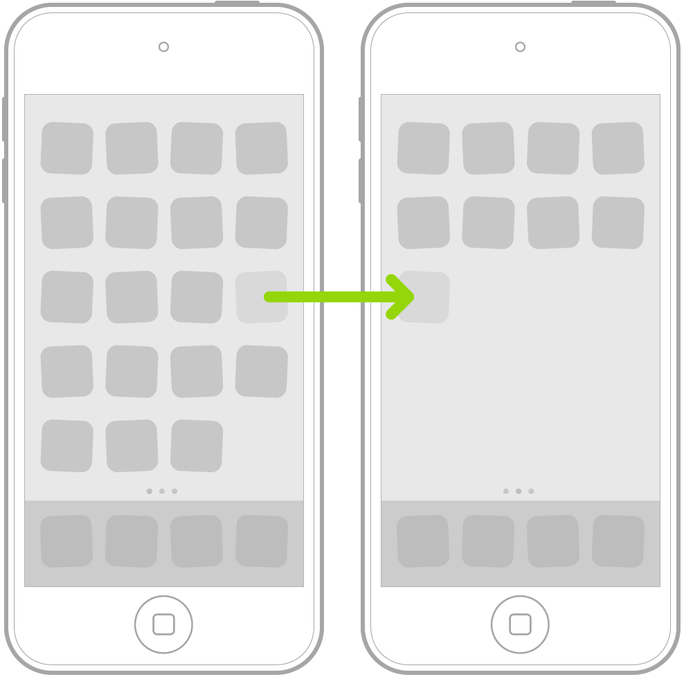 Jiggling apps on the Home Screen with an arrow showing one app being dragged to the next page.