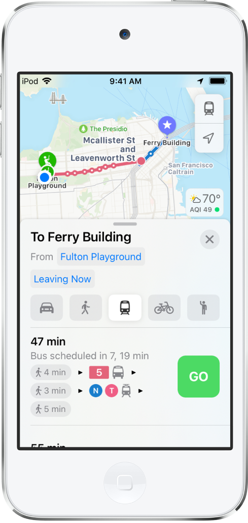 A map showing transit directions with a Go button at the bottom right.