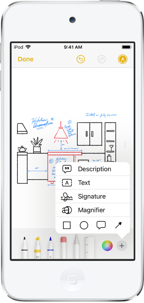 A photo is marked up with orange lines to indicate window blinds over windows. The Markup toolbar with drawing tools and the color picker appears at the bottom of the screen. A menu with choices for adding text, a signature, a magnifier, and shapes appears in the lower-right corner.