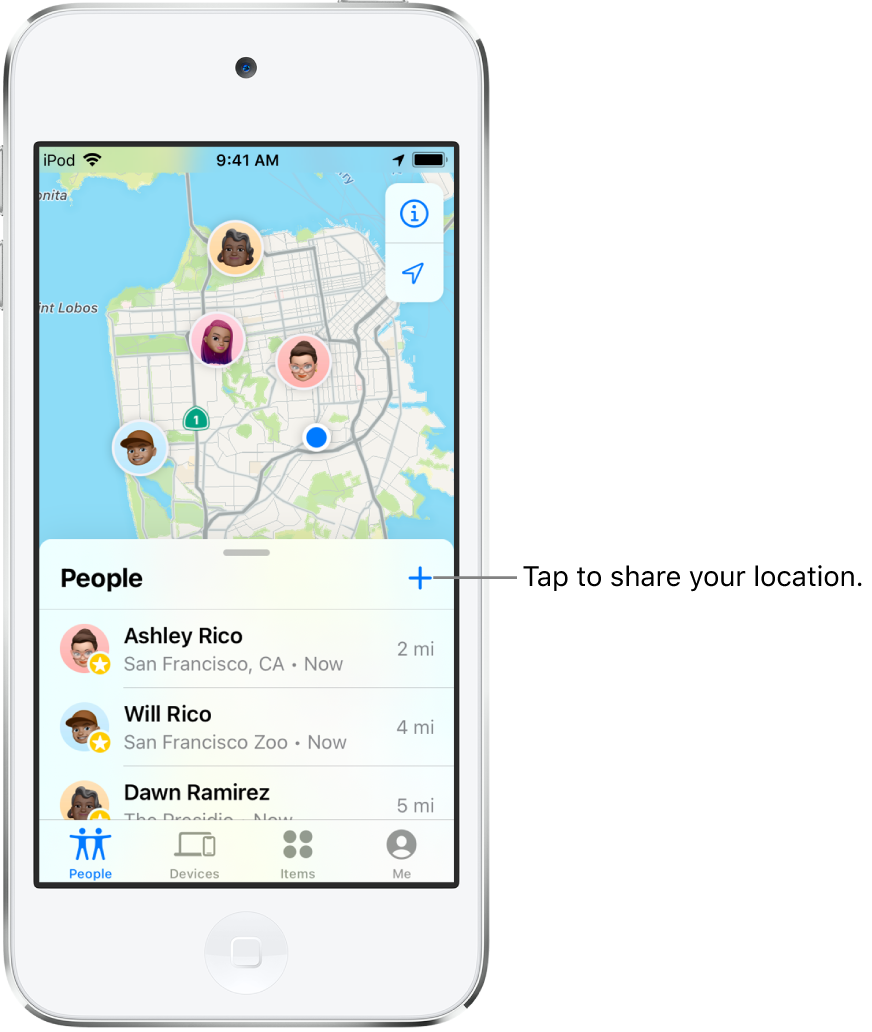 The Find My screen open to the People list. There are three people in the list: Ashley Rico, Will Rico, and Dawn Ramirez. Tap the Add button at the top of the People list to share your location.