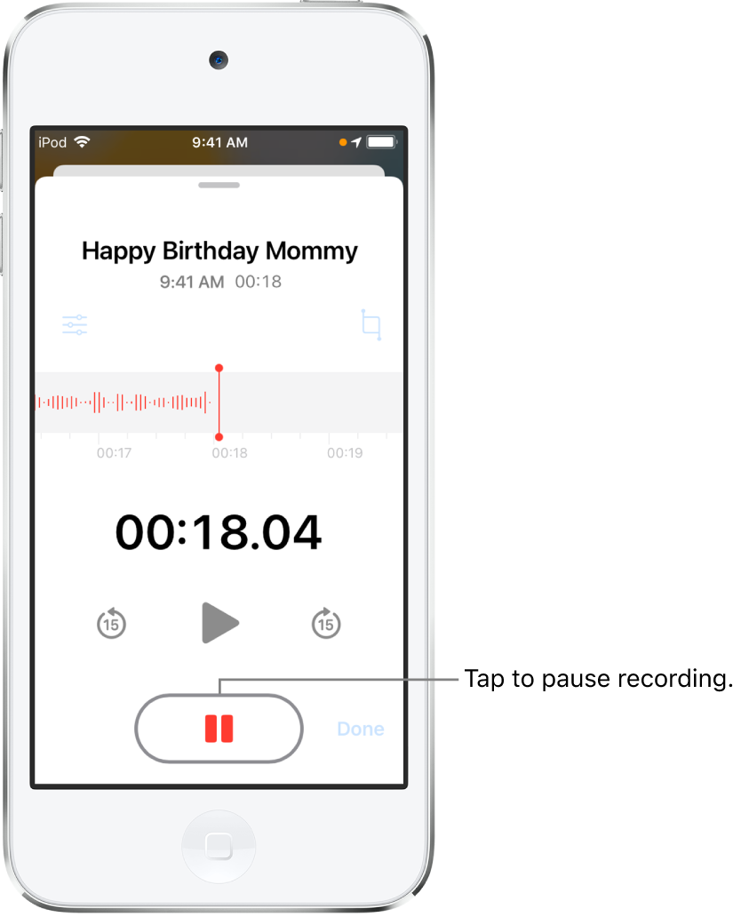 The Voice Memos screen showing a recording in progress, with an active Pause button and dimmed controls for playing, skipping forward 15 seconds, and skipping backward 15 seconds. The main part of the screen shows the waveform of the recording that’s in progress, along with a time indicator. The orange Microphone In Use Indicator appears at the top right, in the status bar.