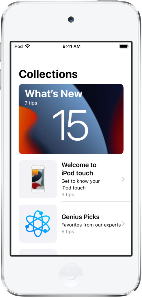 A screen showing collections of Tips with right arrows indicating that you can tap a collection to view the tips in it.
