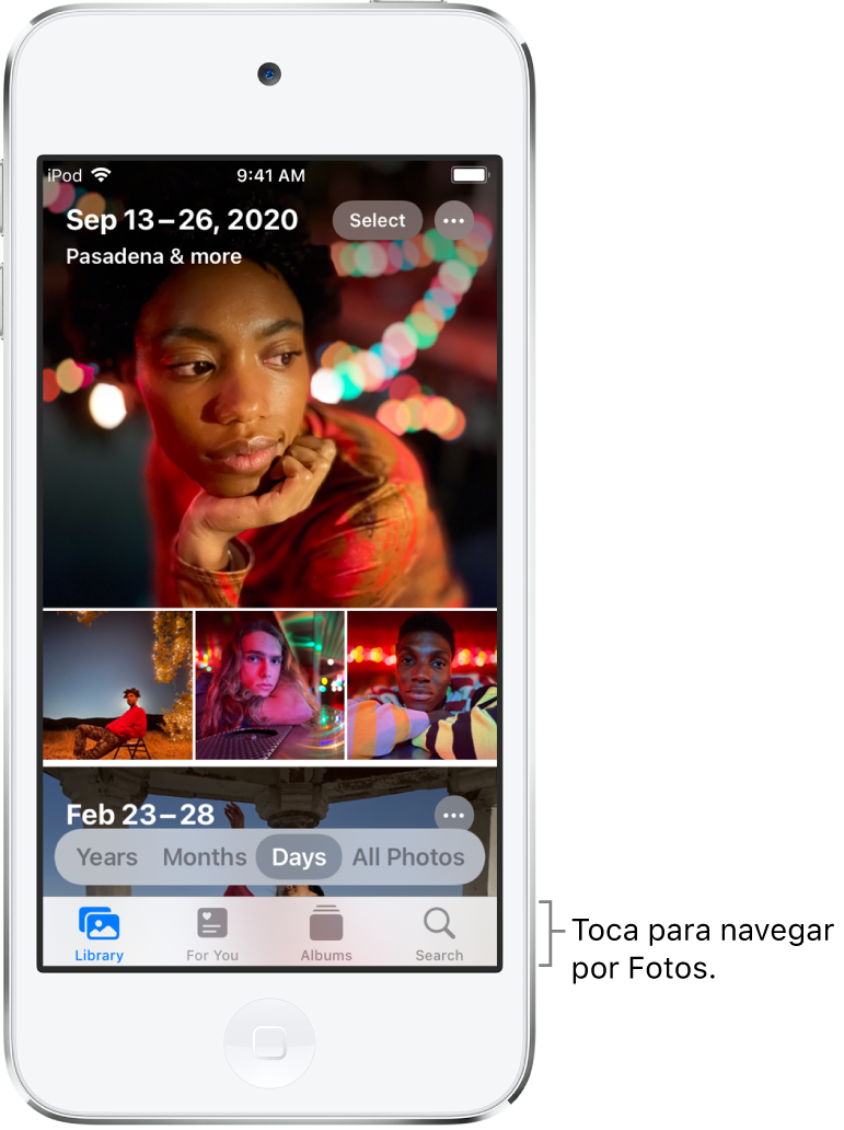 La fototeca en la vista por días. Una selección de miniaturas de fotos llena la pantalla. En la parte superior izquierda de la pantalla están la fecha y la ubicación en las que se tomaron las fotos. En la parte superior derecha están los botones Seleccionar y "Más opciones". Debajo de las miniaturas están las opciones para ver la fototeca por años, meses, días y todas las fotos. A lo largo de la parte inferior están los botones Fototeca, Para ti, Álbumes y Buscar.