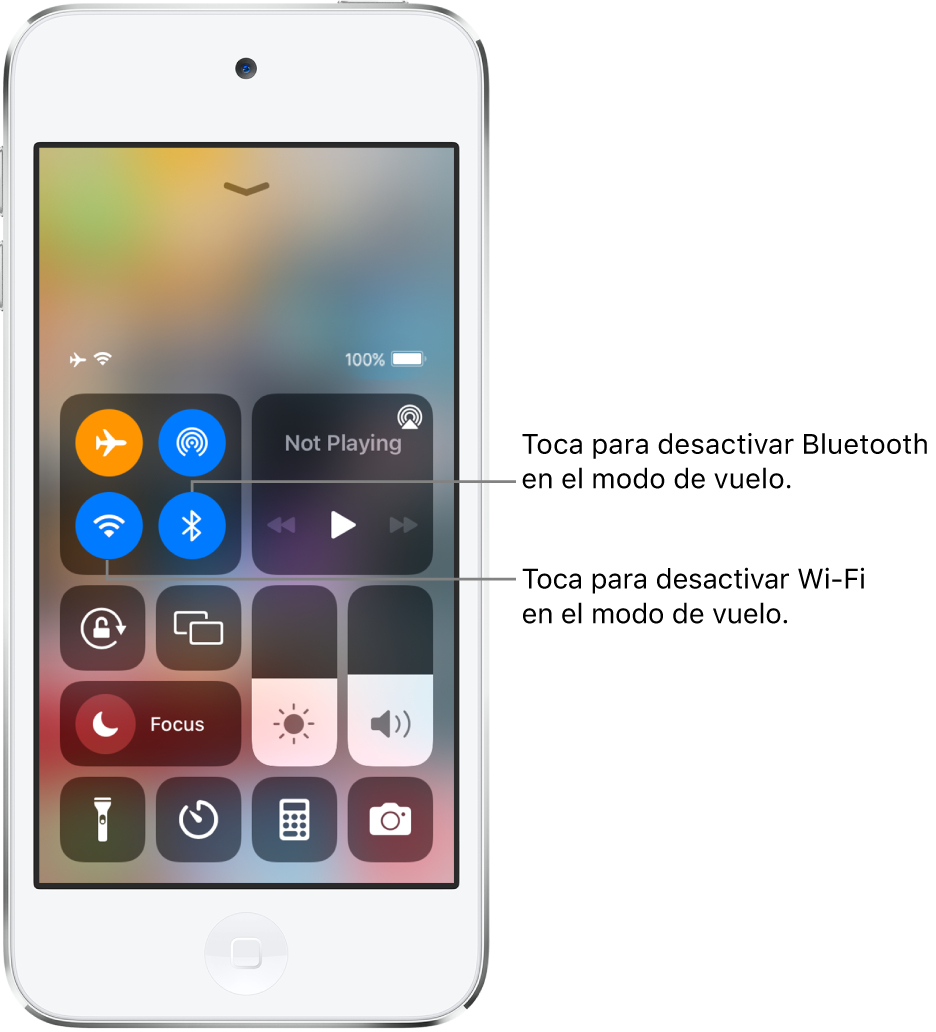 Centro de control con el modo vuelo activado. En el grupo superior izquierdo de controles se encuentran los botones Wi-Fi (parte inferior izquierda) y Bluetooth (parte inferior derecha).