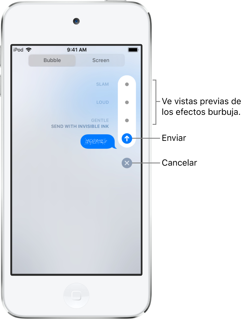 Una previsualización de un mensaje con el efecto de tinta invisible. En la parte derecha, toca un control para previsualizar otros efectos de burbuja. Vuelve a tocar el mismo control para enviar, o toca el botón Cancelar debajo para regresar a su mensaje.