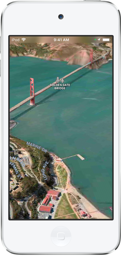 Imagen en 3D desde el cielo hacia el puente Golden Gate.