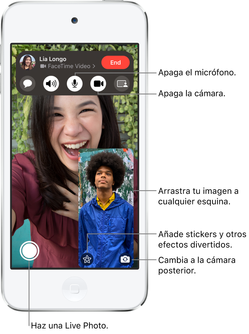 Llamada de FaceTime en curso. Tu imagen se muestra en un mosaico más pequeño en la esquina inferior derecha, mientras que la imagen de la otra persona ocupa el resto de la pantalla. A lo largo de la parte inferior de la pantalla, se encuentran los botones “Live Photo”, Efectos y “Cambiar a la cámara trasera”. Los controles de FaceTime se encuentran en la parte superior de la pantalla, entre los que se incluyen los botones “Abrir Mensajes”, Audio, “Con sonido”, “Cámara encendida” y “Compartir contenido”. En la parte superior de los controles están el nombre o el ID de Apple de la persona con la que hablas y el botón Finalizar.