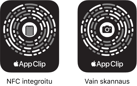 Vasemmalla on NFC-integroitu appiklippikoodi, jonka keskellä on iPhone-kuvake. Oikealla on skannattava appiklippikoodi, jonka keskellä on kamerakuvake.