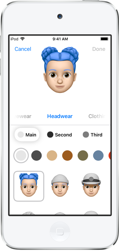 L’écran de création d’un Memoji, montrant un personnage en cours de création en haut, les caractéristiques physiques sous le personnage et les options de personnalisation pour la caractéristique sélectionnée en dessous. Le bouton OK se trouve en haut à droite et le bouton Annuler est en haut à gauche.