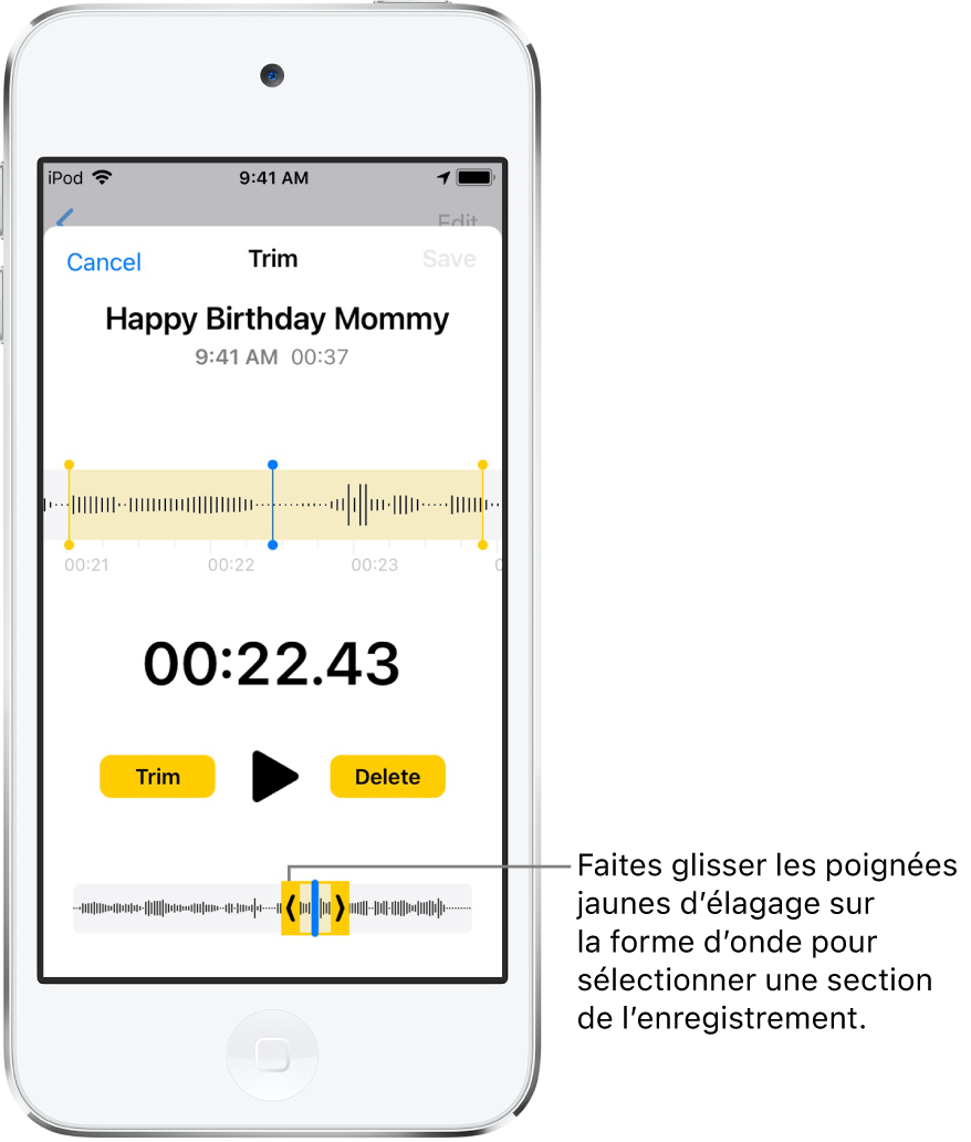L’enregistrement en cours d’élagage avec les poignées d’élagage encadrant une partie de la forme d’onde audio au bas de l’écran. Un bouton Lecture et la durée de l’enregistrement figurent au-dessus de la forme d’onde. Les poignées d’élagage apparaissent sous le bouton Lecture. Des deux côtés du bouton Lecture se trouvent le bouton Raccourcir, permettant de supprimer la partie de l’enregistrement en dehors des poignées, et le bouton Supprimer, permettant de supprimer la partie de l’enregistrement à l’intérieur des poignées.