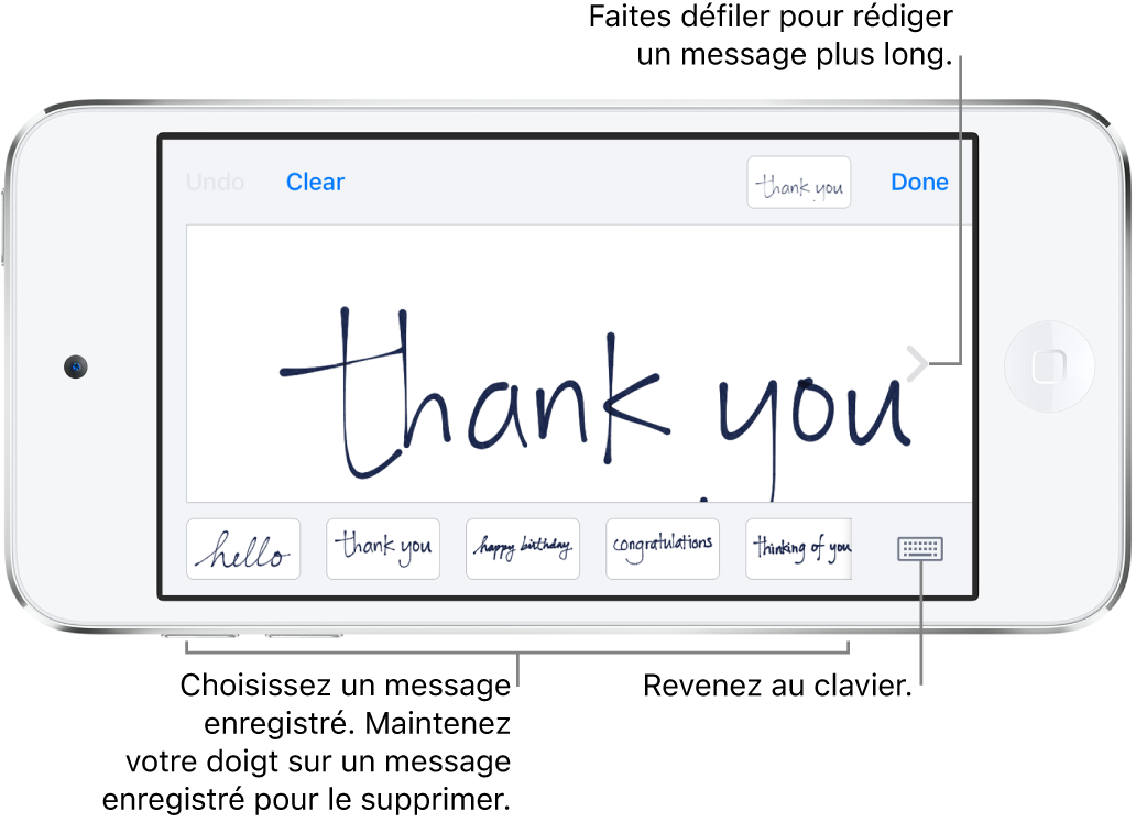 L’écran de message manuscrit, présentant un message manuscrit. En bas et de gauche à droite sont présents des messages enregistrés et le bouton Afficher le clavier.