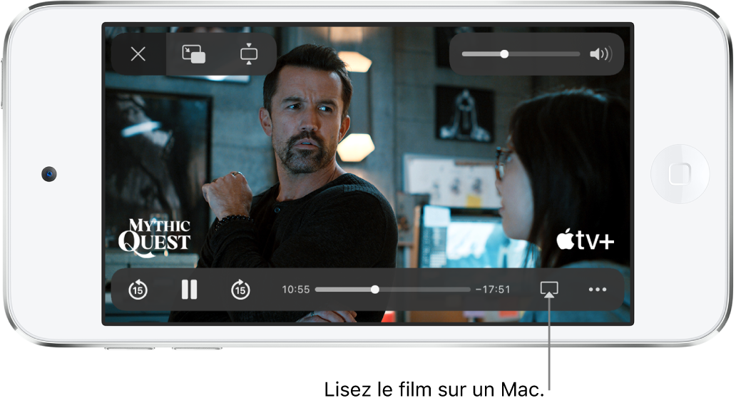 Un film en cours de lecture sur l’écran de l’iPod touch. En bas de l’écran se trouvent les commandes de lecture, avec notamment le bouton AirPlay en bas à droite.